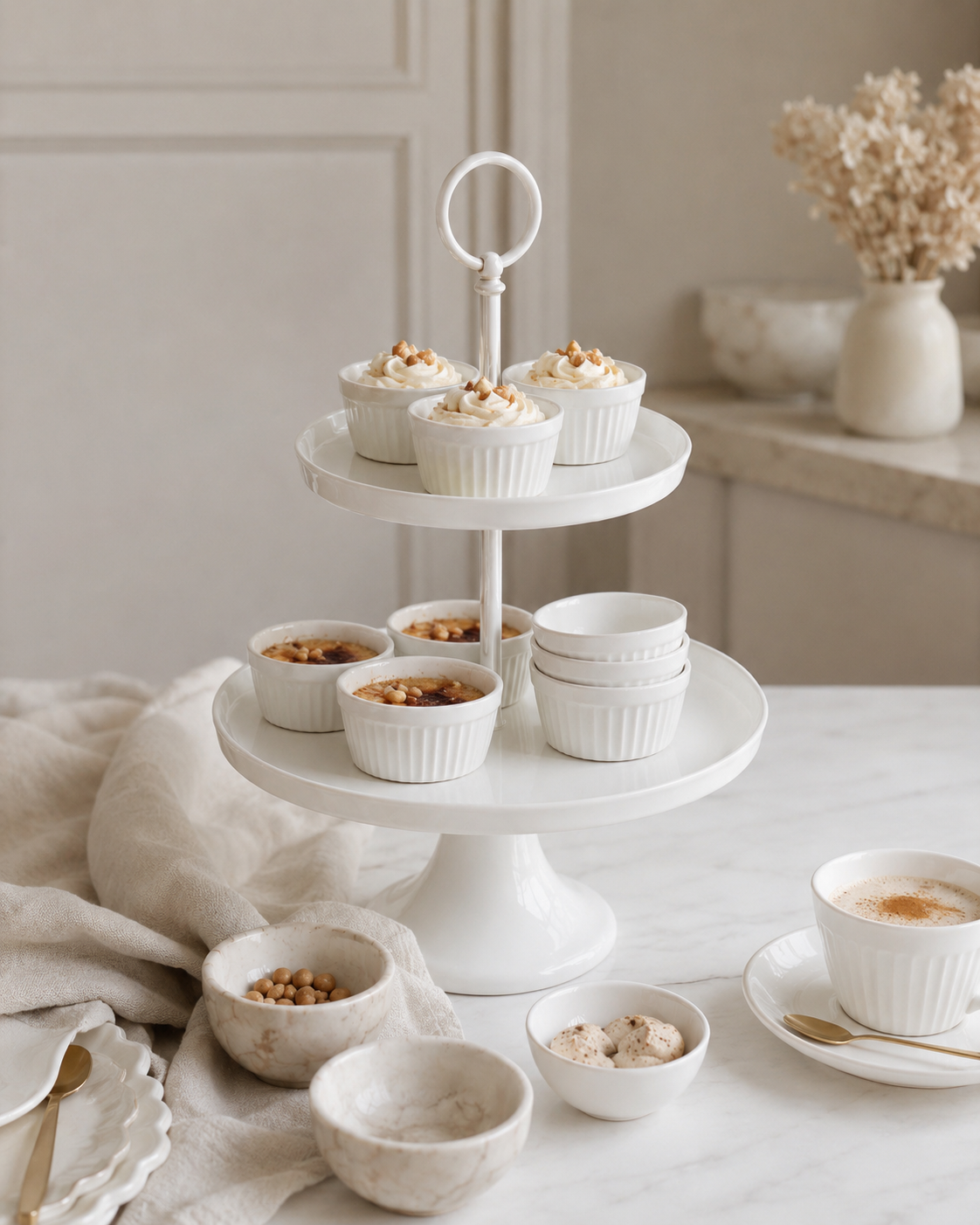 Dessert and coffee serveware setup with cake stand tiered tray ramekins dessert bowls and marble dip bowls