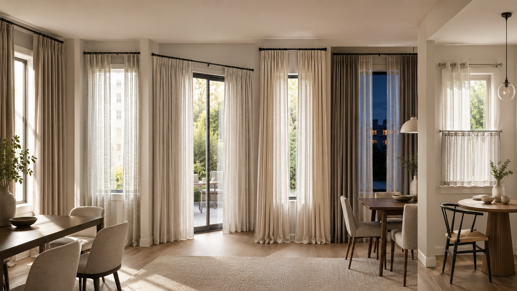 Dining room curtain guide showing sheer, blackout, extra-wide and café curtain solutions