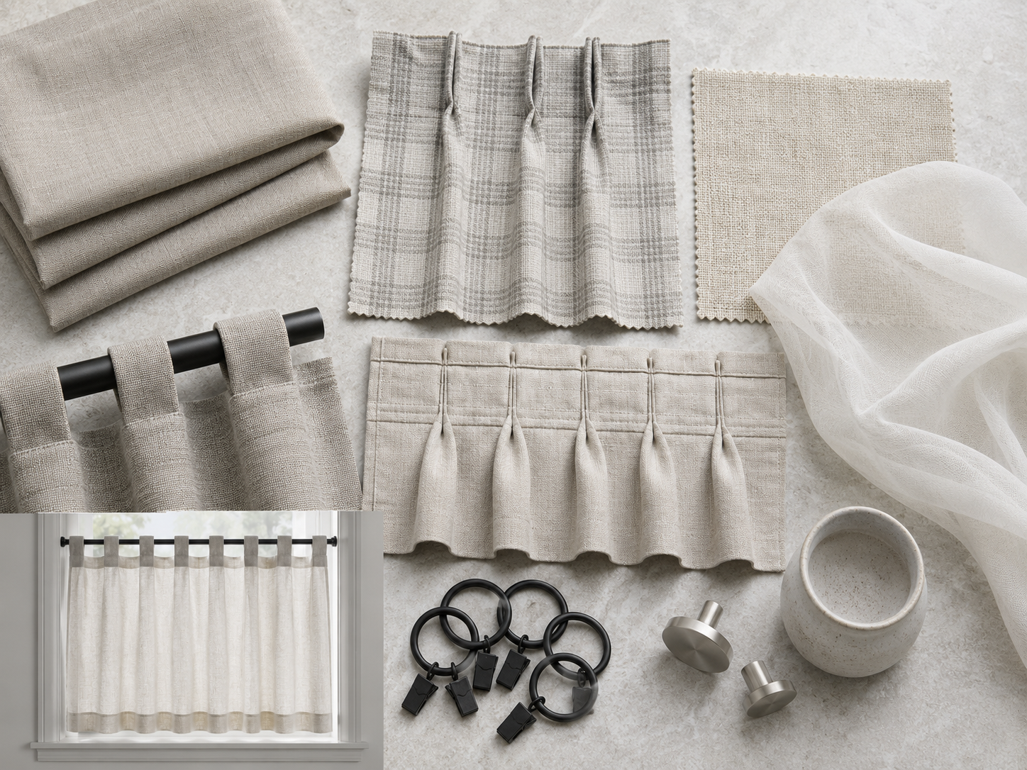 Dining room curtain moodboard with linen fabric, pinch pleats, sheer voile and black curtain rings