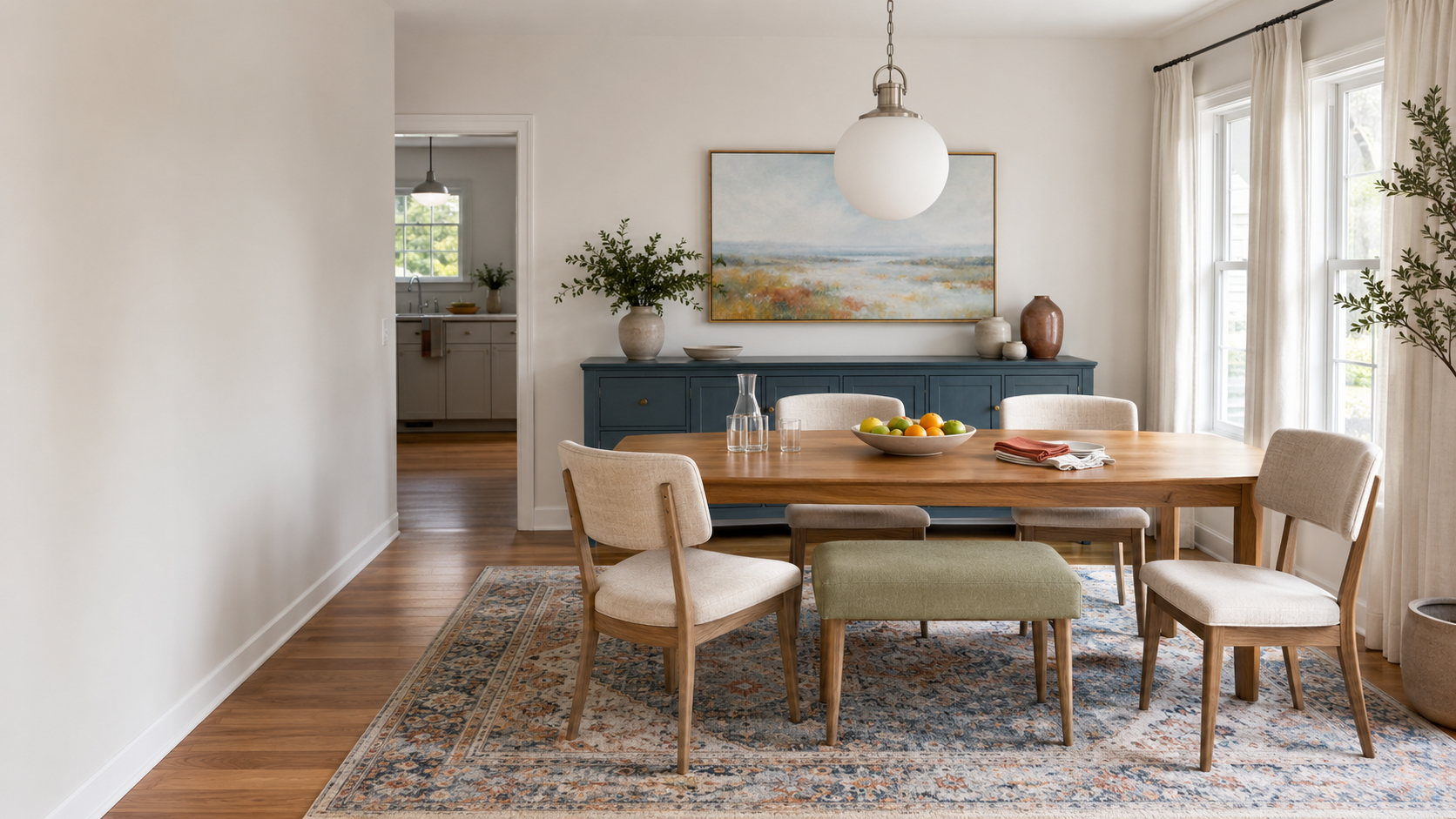 Realistic dining room with an oak table, upholstered chairs, bench, patterned rug, pendant light and blue sideboard