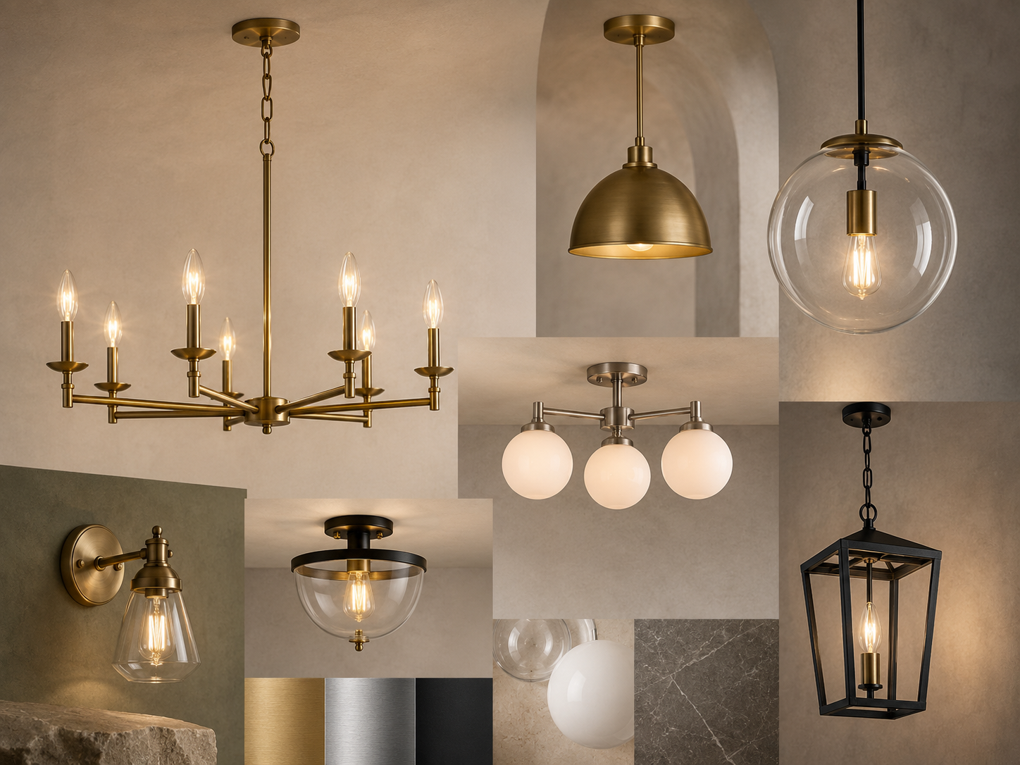 Dining room lighting moodboard with brass chandelier, dome pendant, glass globe light, wall sconce, semi-flush fixture and lantern pendant