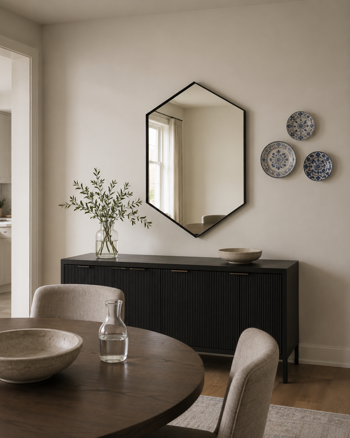 Black geometric mirror and blue-and-white decorative plates displayed above a compact dining-room sideboard.