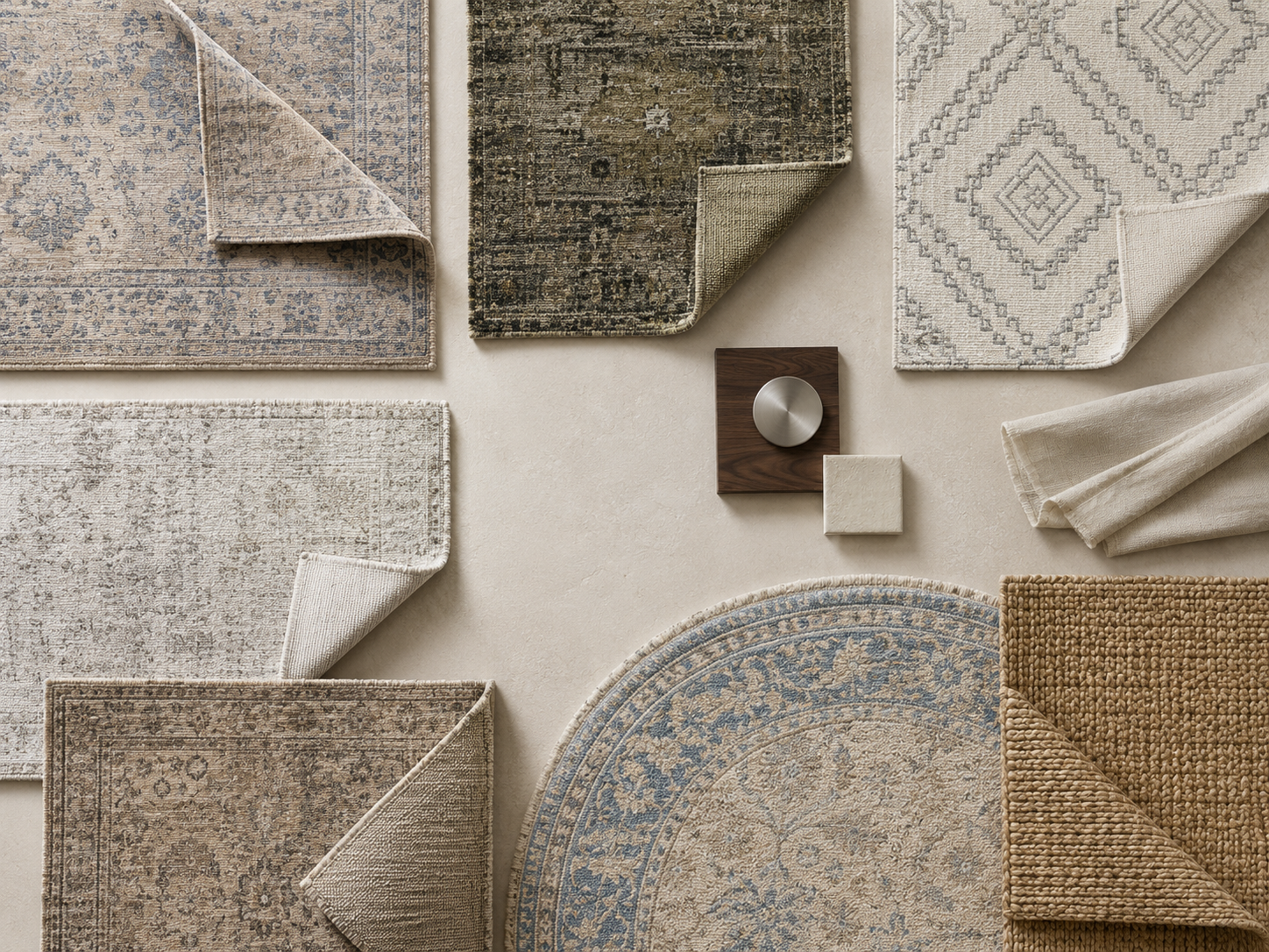 Overhead moodboard of neutral, patterned, round, low-pile and natural jute dining room rugs