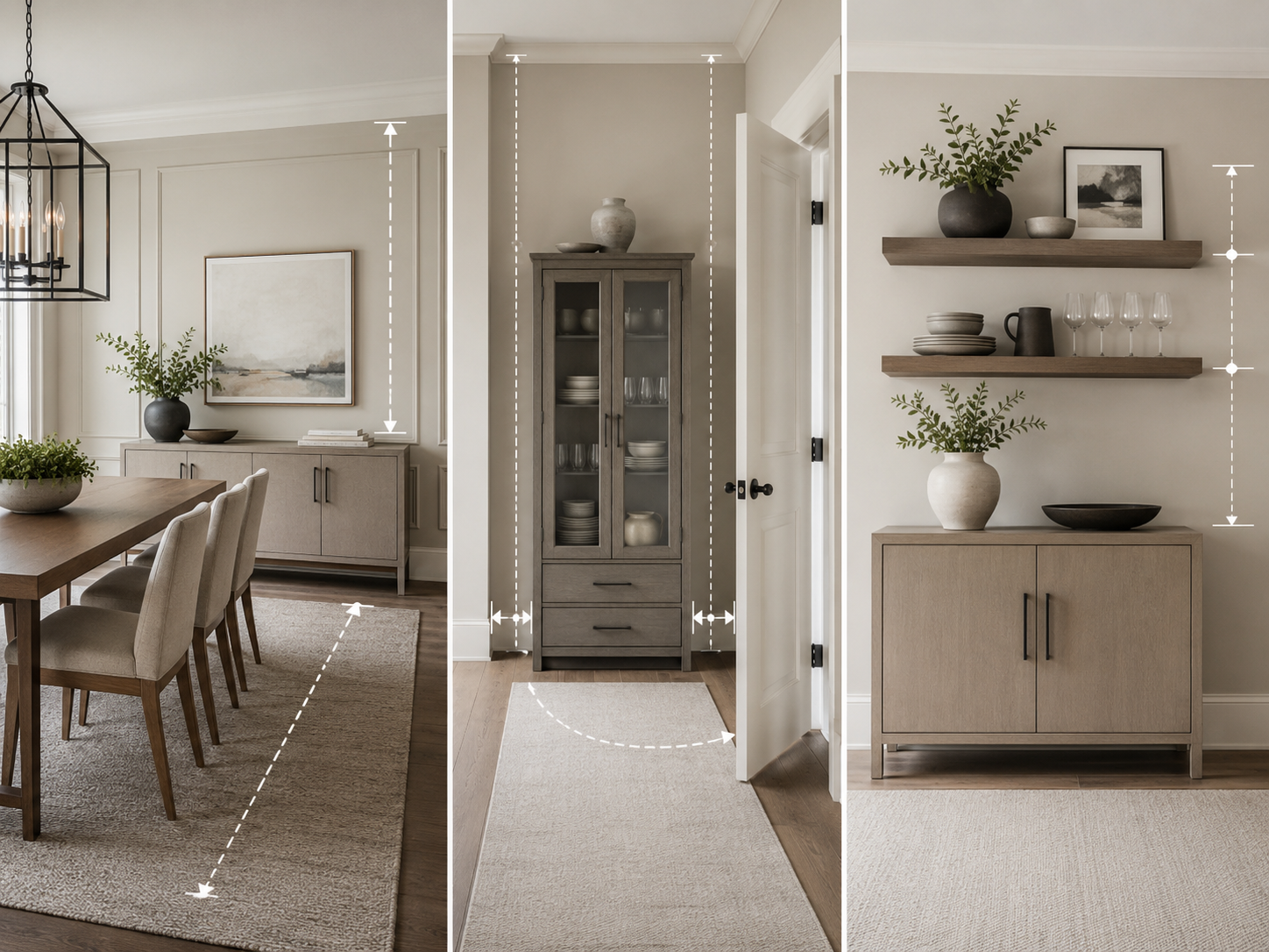 Dining room storage planning guide showing sideboard placement, tall cabinet clearance and floating shelf spacing