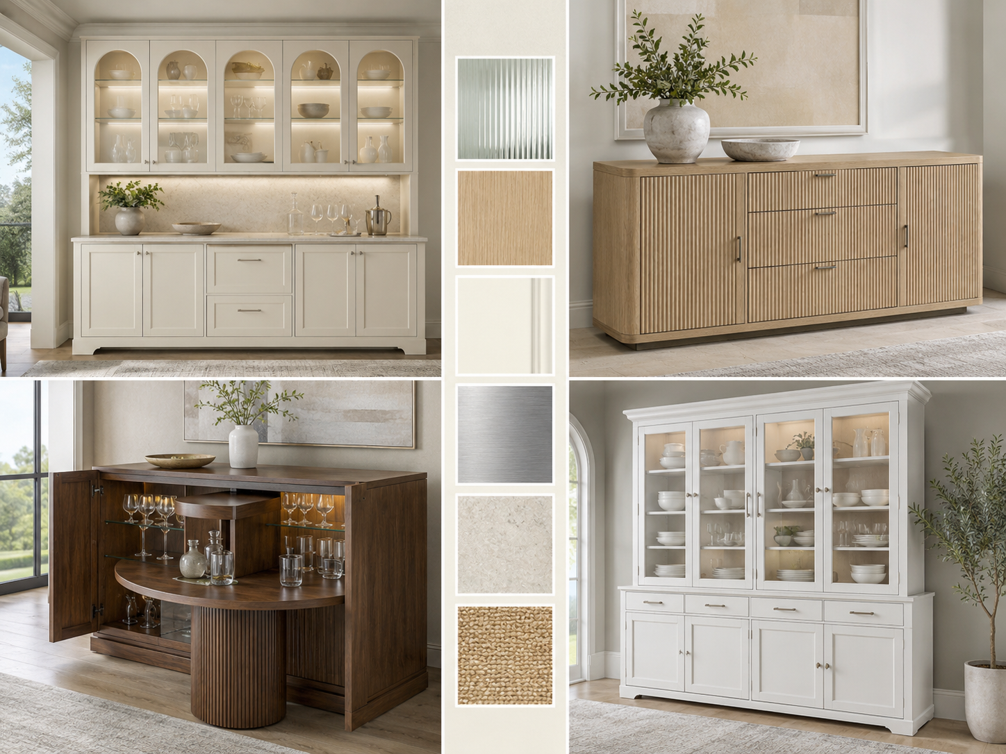 Dining room storage moodboard with closed cabinets, glass display hutches, bar storage and material samples