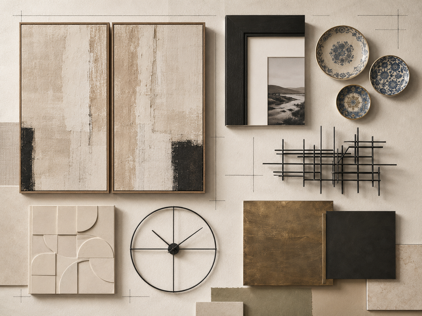 Moodboard of abstract wall art, gallery frames, ceramic plates, wall sculpture, relief panels, clock and metal decor.
