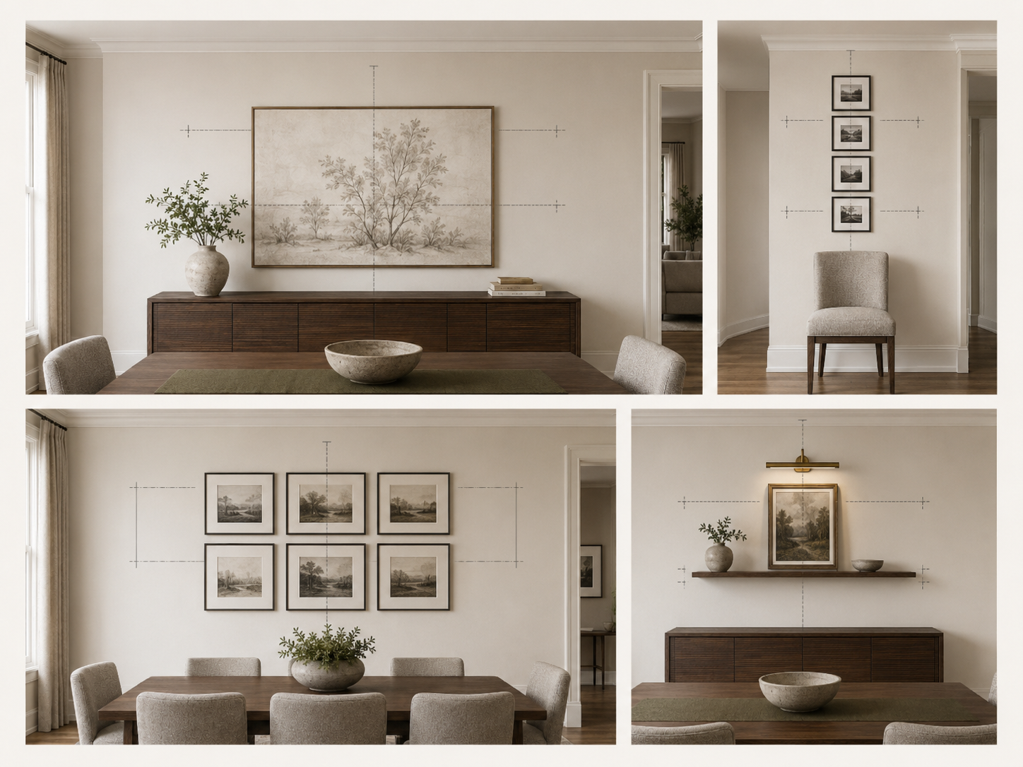 Dining room wall decor placement guide showing large artwork, vertical frames, a gallery wall and a shelf with picture lighting.