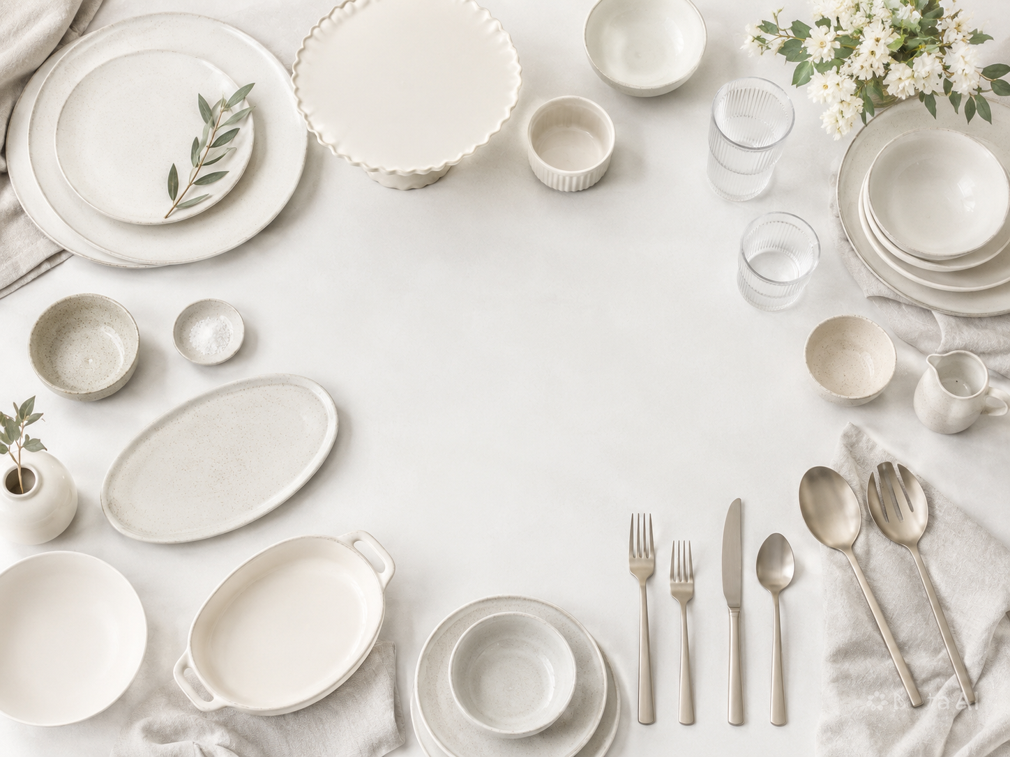 Neutral dinnerware moodboard with stoneware plates ivory bowls ramekins cake stand and serving utensils