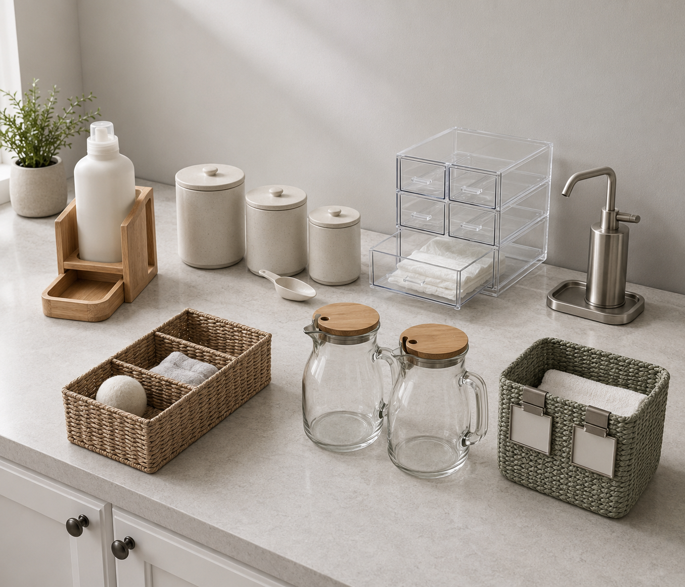 Laundry countertop moodboard with wooden detergent stand, lidded containers, clear drawers, divided baskets, dispensers and glass jars.