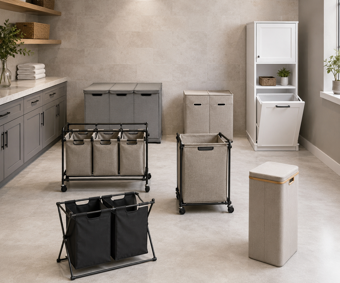 Seven laundry hamper formats arranged in a neutral utility-room moodboard, including rolling, divided, slim and cabinet styles.