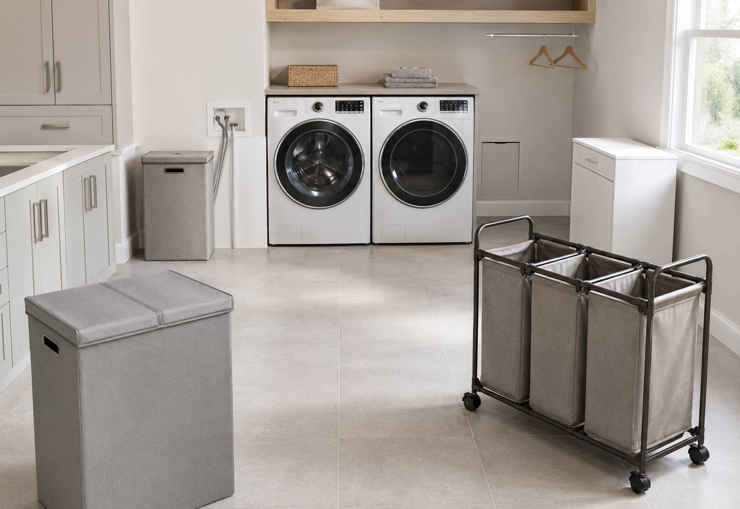 Laundry room product board with a divided hamper, three-bag rolling sorter, narrow lidded hamper and concealed hamper cabinet.