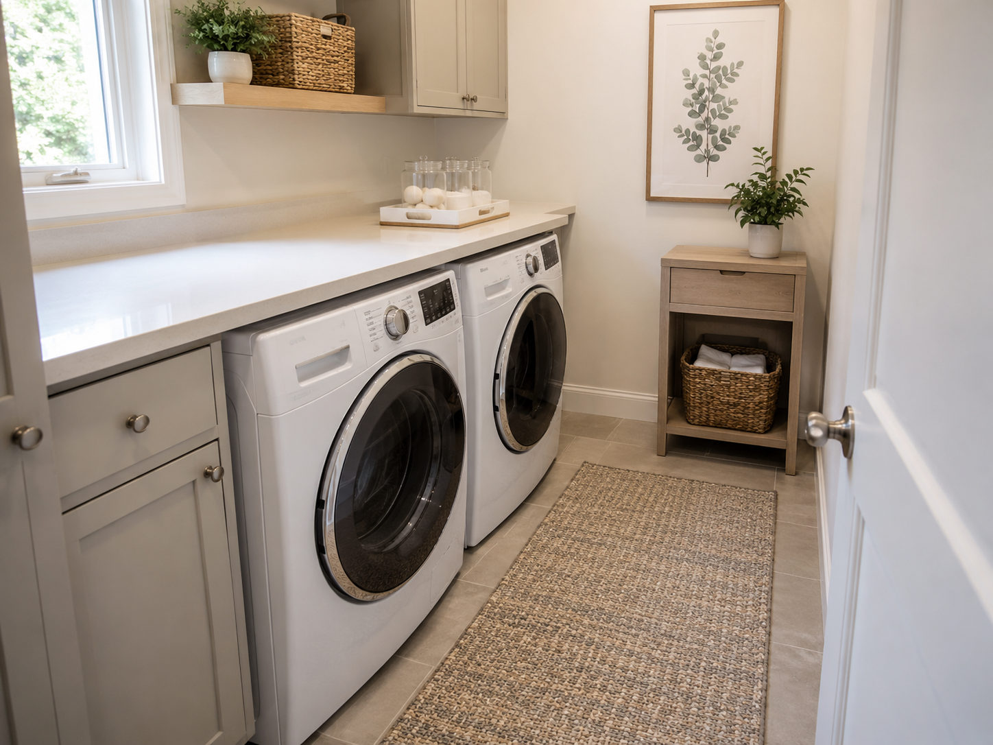 Functional laundry room with clear folding counter, neutral runner, woven baskets and restrained wall decor