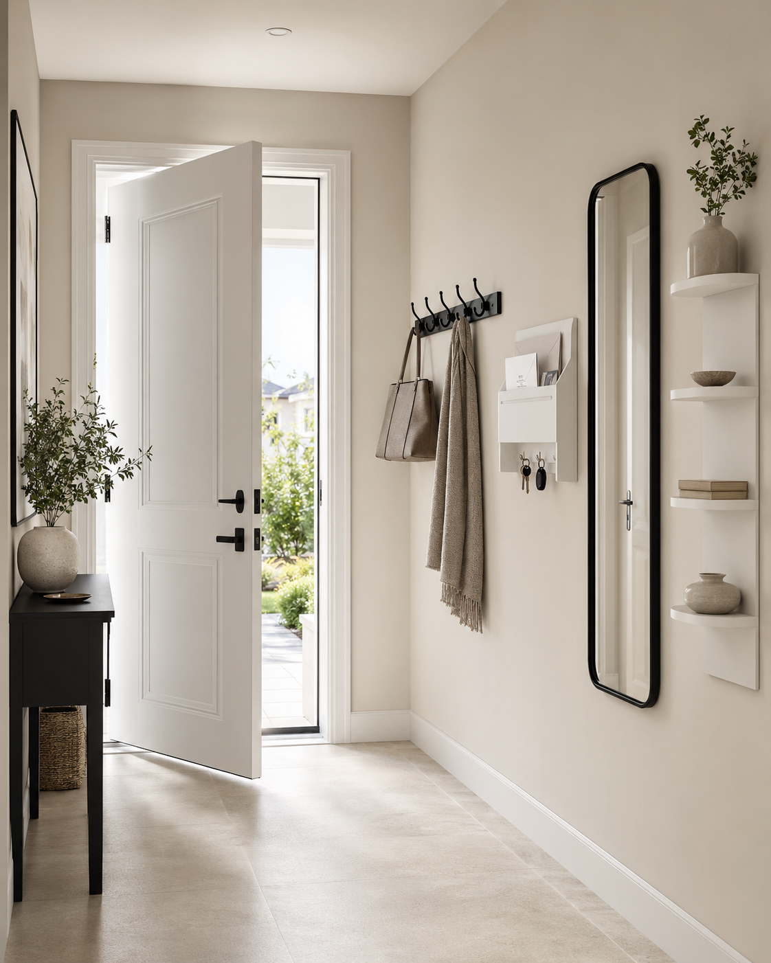 Door-swing-safe small entryway wall with mirror, hooks and mail organizer