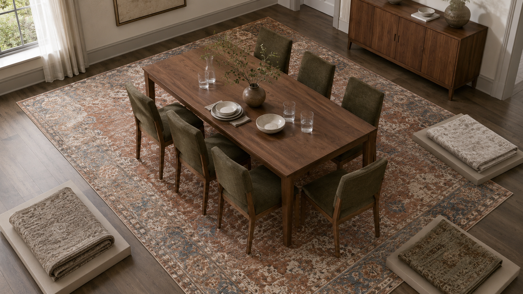 Large vintage-style dining room rug beneath a walnut table with six chairs and visible chair-clearance space