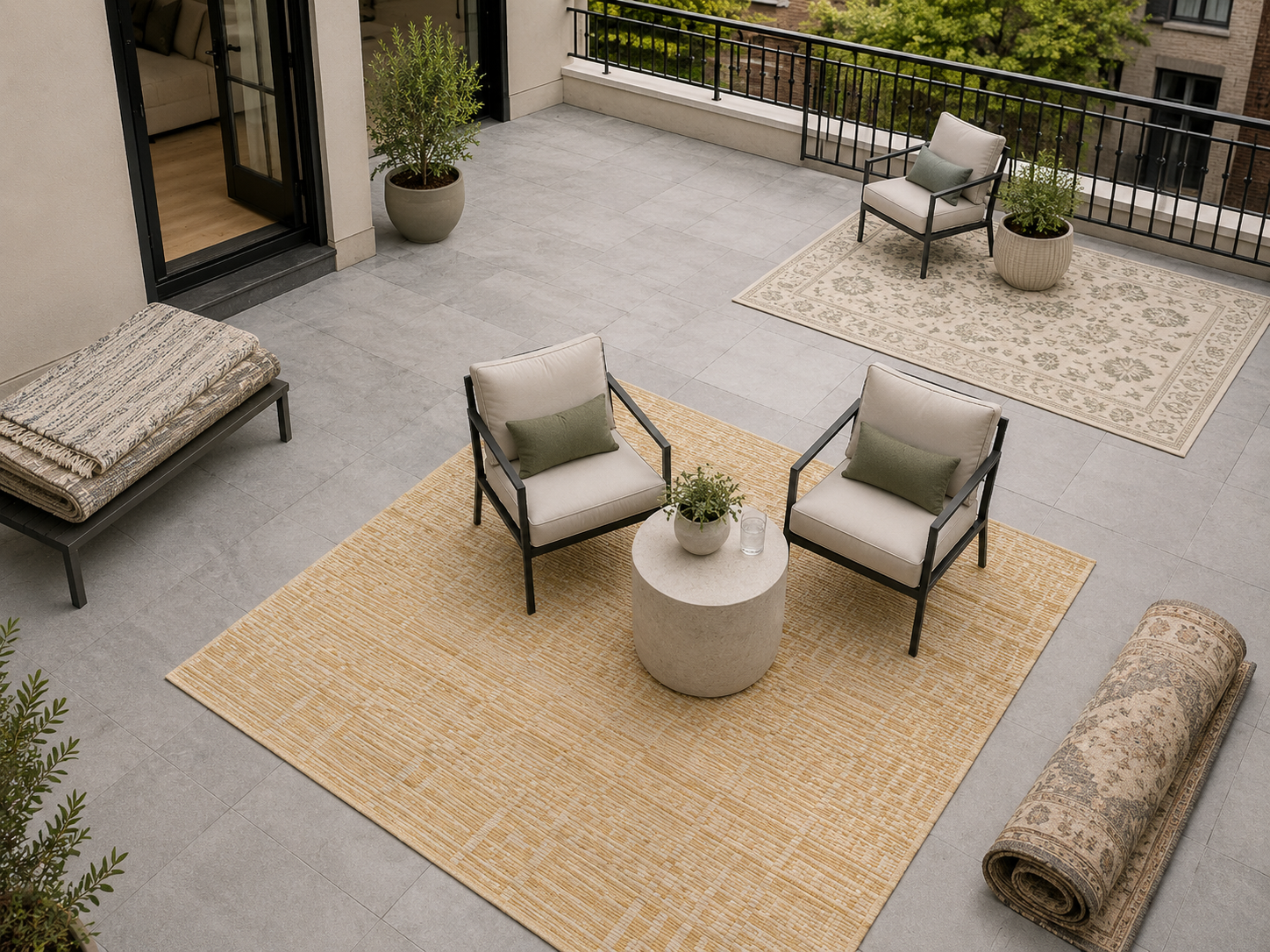 Outdoor rugs arranged across a townhouse patio with seating zones, an open doorway and a clear walking path.