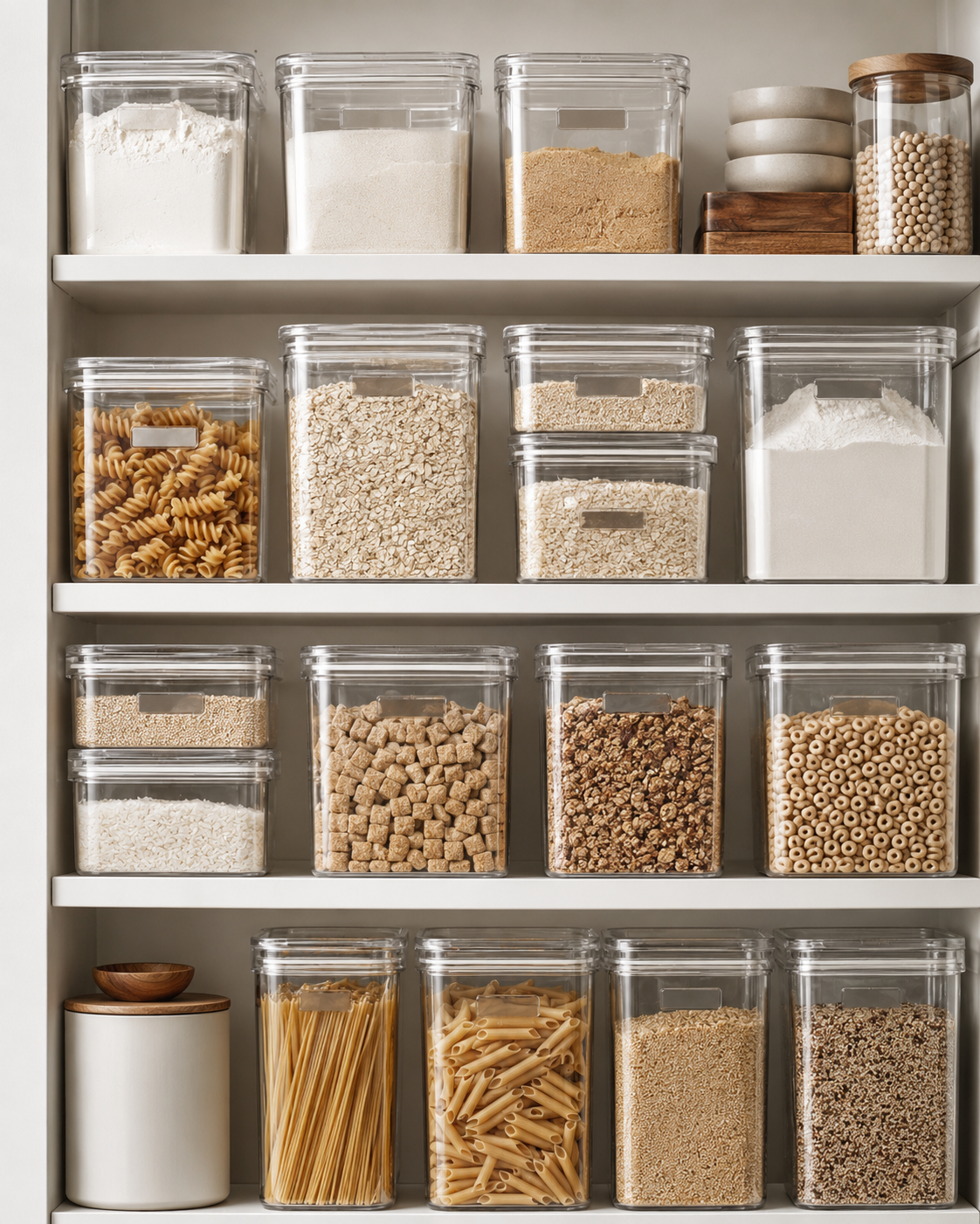 Dry goods pantry wall with clear airtight containers for pasta, oats, rice, flour, cereal, and grains