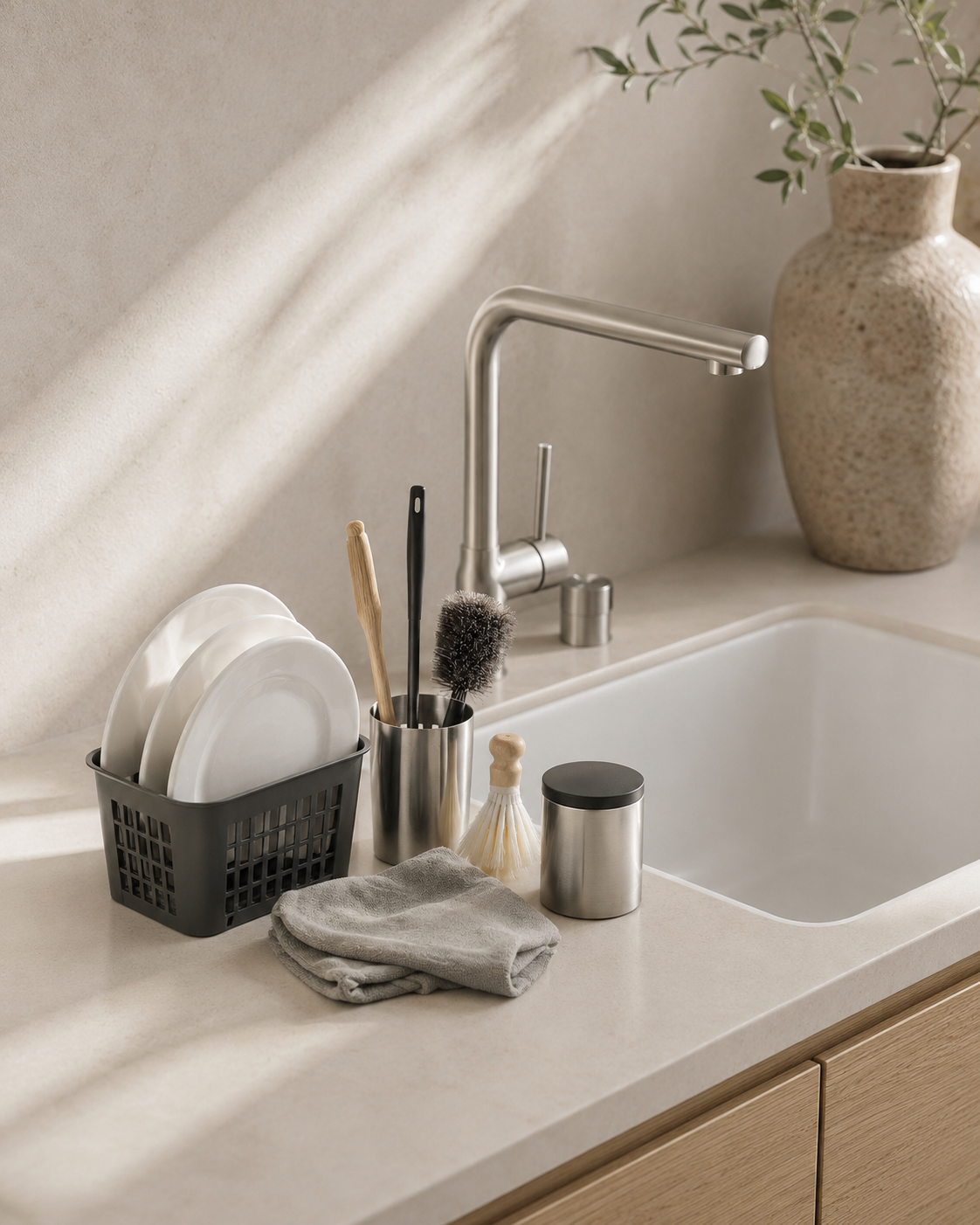 Dry kitchen sink station with compact dish rack, stainless sink caddy, sponge holder, dish brush and microfiber cloth
