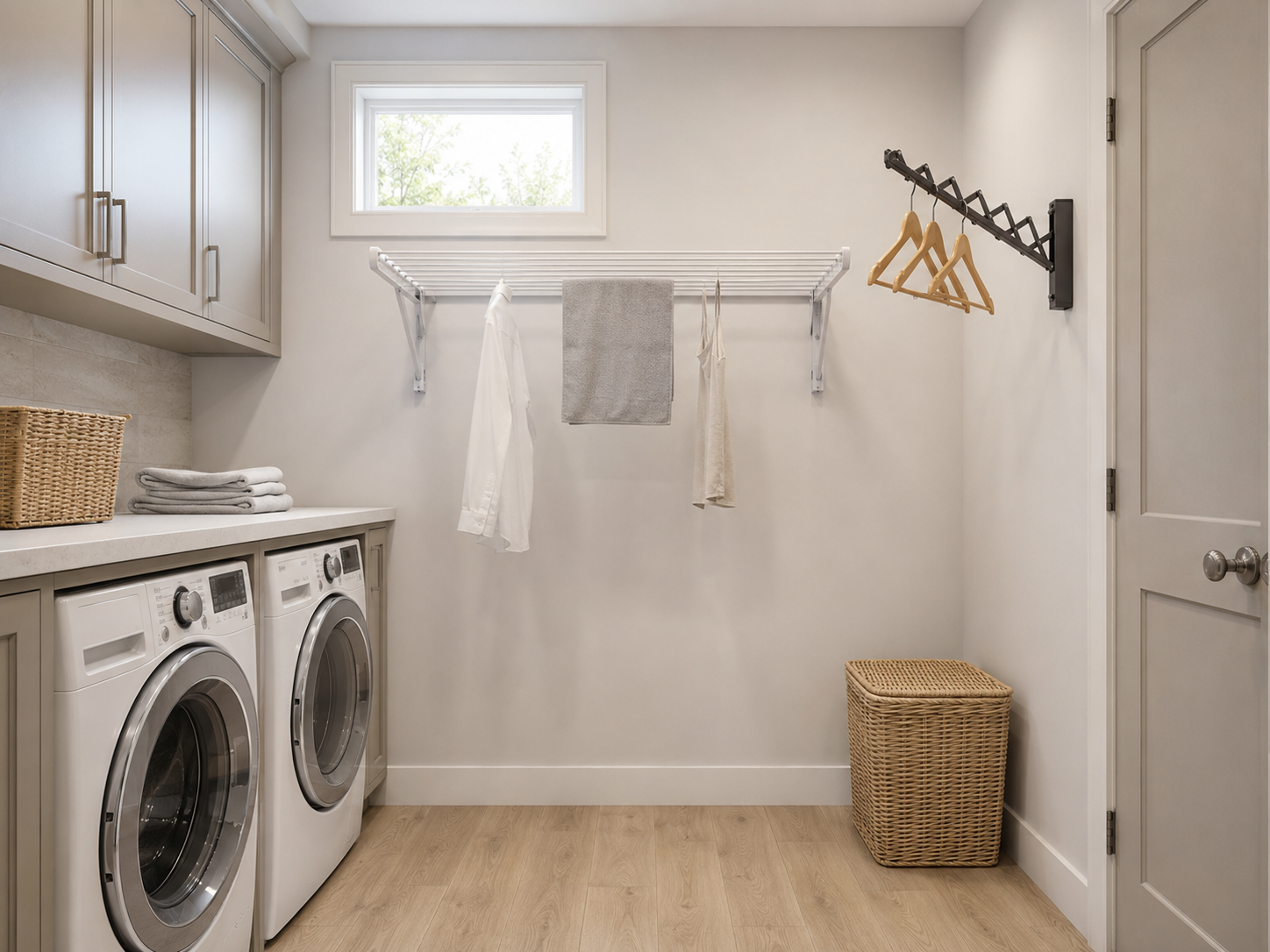 Wide wall-mounted drying rack with three neutral garments and a separate retractable hanger beside a compact laundry area.