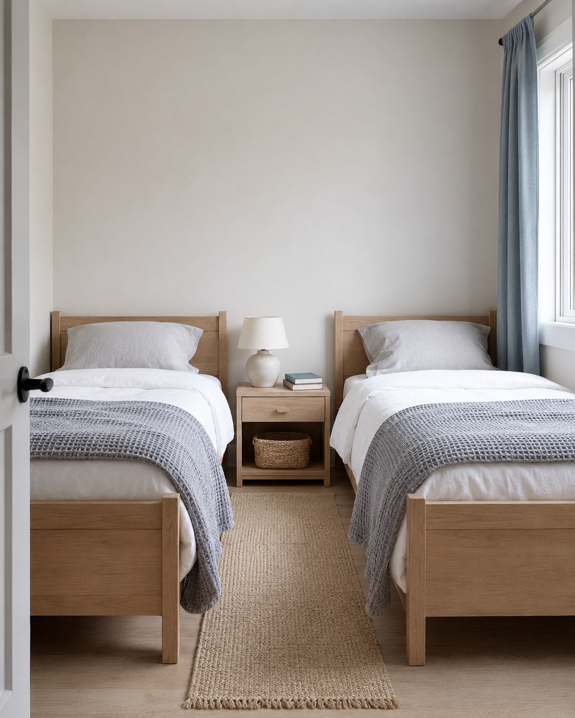 Two twin beds with gray waffle blankets and flannel pillowcases separated by a clear shared-room walkway.