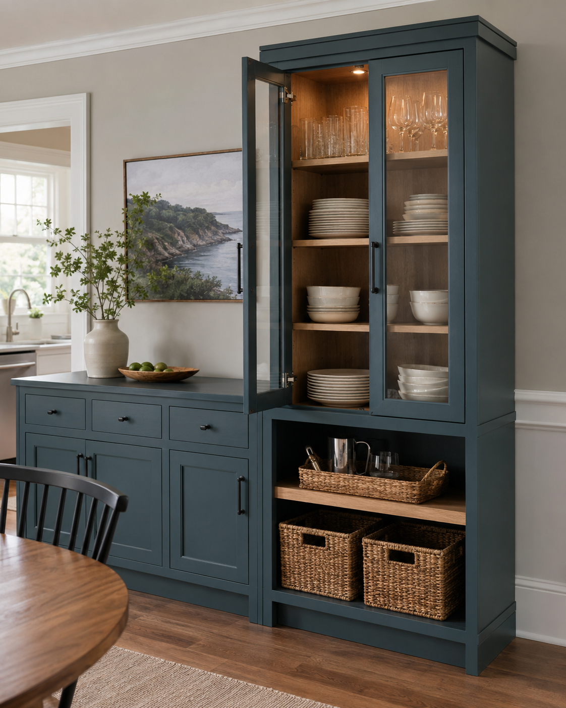 Teal dining room storage with a glass-front hutch, sideboard, organized dinnerware and woven baskets