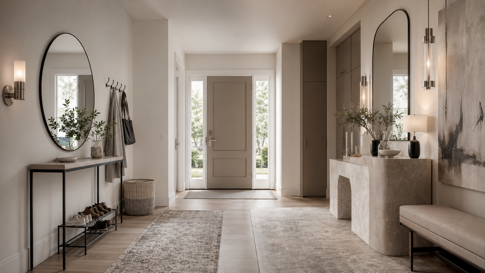 Entryway comparison with a simple console and shoe rack alongside elevated stone furniture and integrated storage