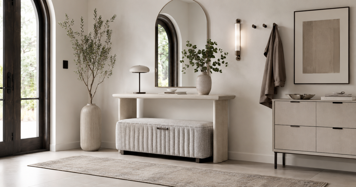 Welcoming neutral entryway with console, mirror, lighting, rug and concealed storage