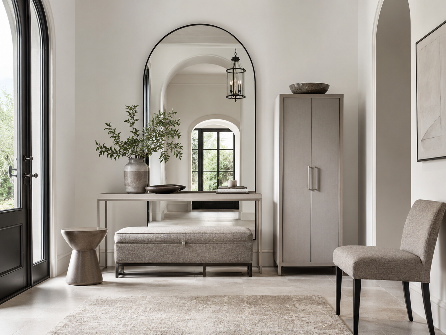 Modern entryway furniture with a console table, storage bench, narrow cabinet, stool and accent chair