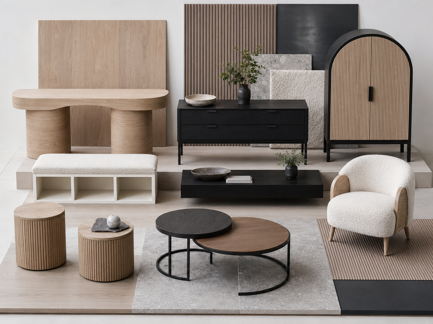Entryway furniture material library with wood consoles, fluted cabinets, benches and nesting tables