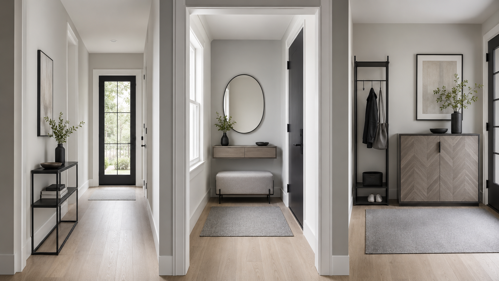 Three entryway furniture layouts for a narrow hallway, compact landing and family drop zone