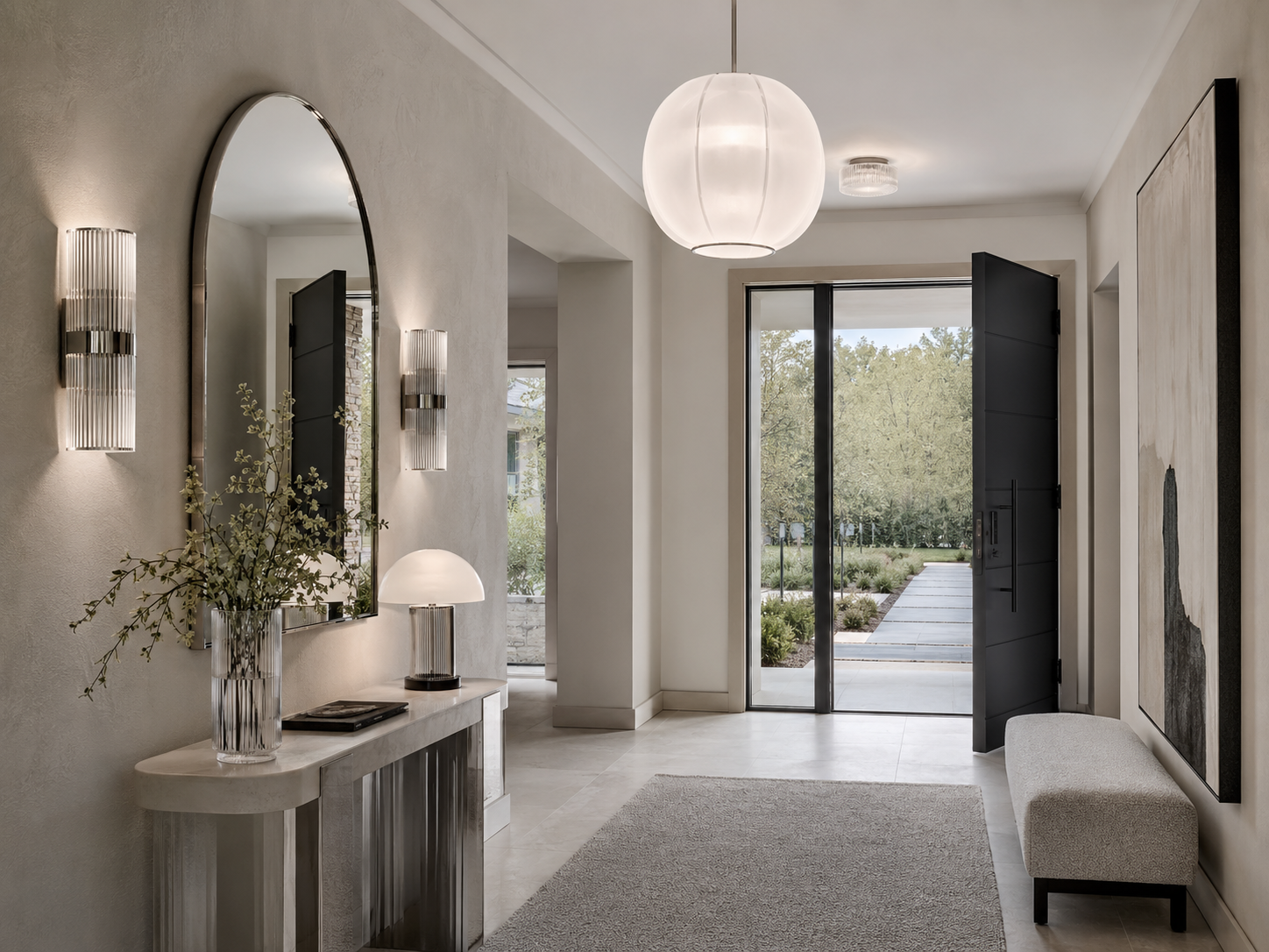 Modern entryway lighting with a frosted pendant, fluted wall sconces, console lamp and ceiling light