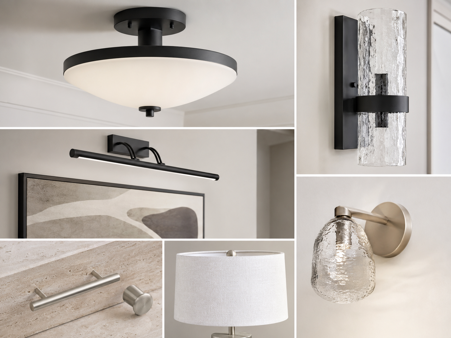 Close-up entryway lighting details with black ceiling fixture, textured glass sconce, picture light, and brushed metal