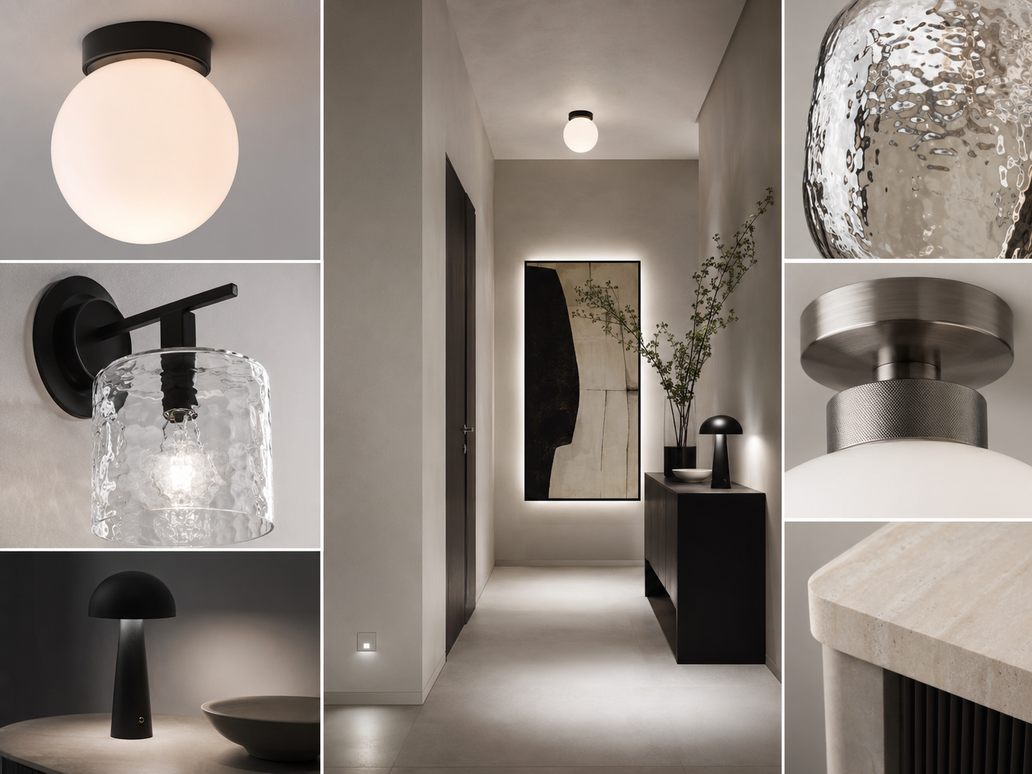 Entryway lighting moodboard with milk glass, textured glass, black sconces, neutral walls, and stone details