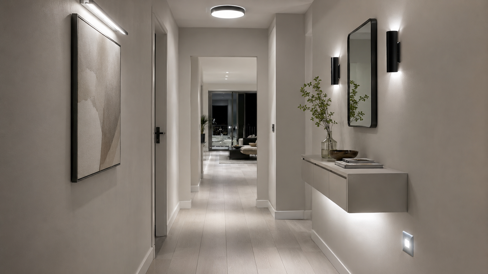 Narrow entryway hallway brightened with ceiling light, wall sconces, picture light, and motion lighting