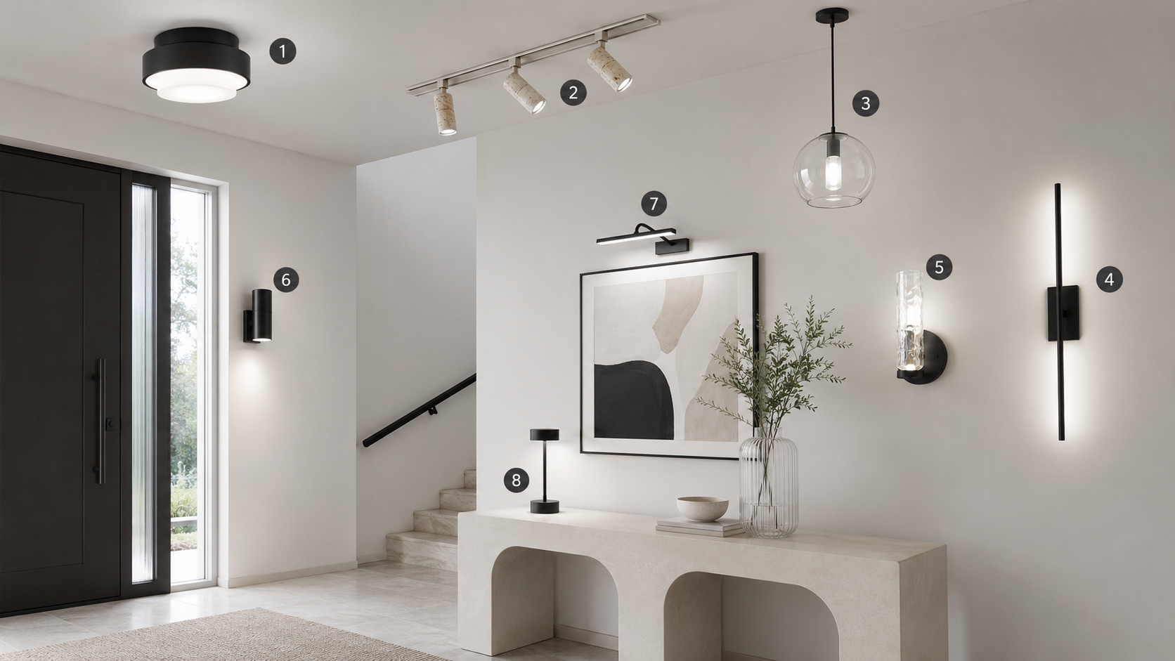 Modern entryway lighting product board with numbered ceiling lights, wall sconces, picture light, and cordless lamp