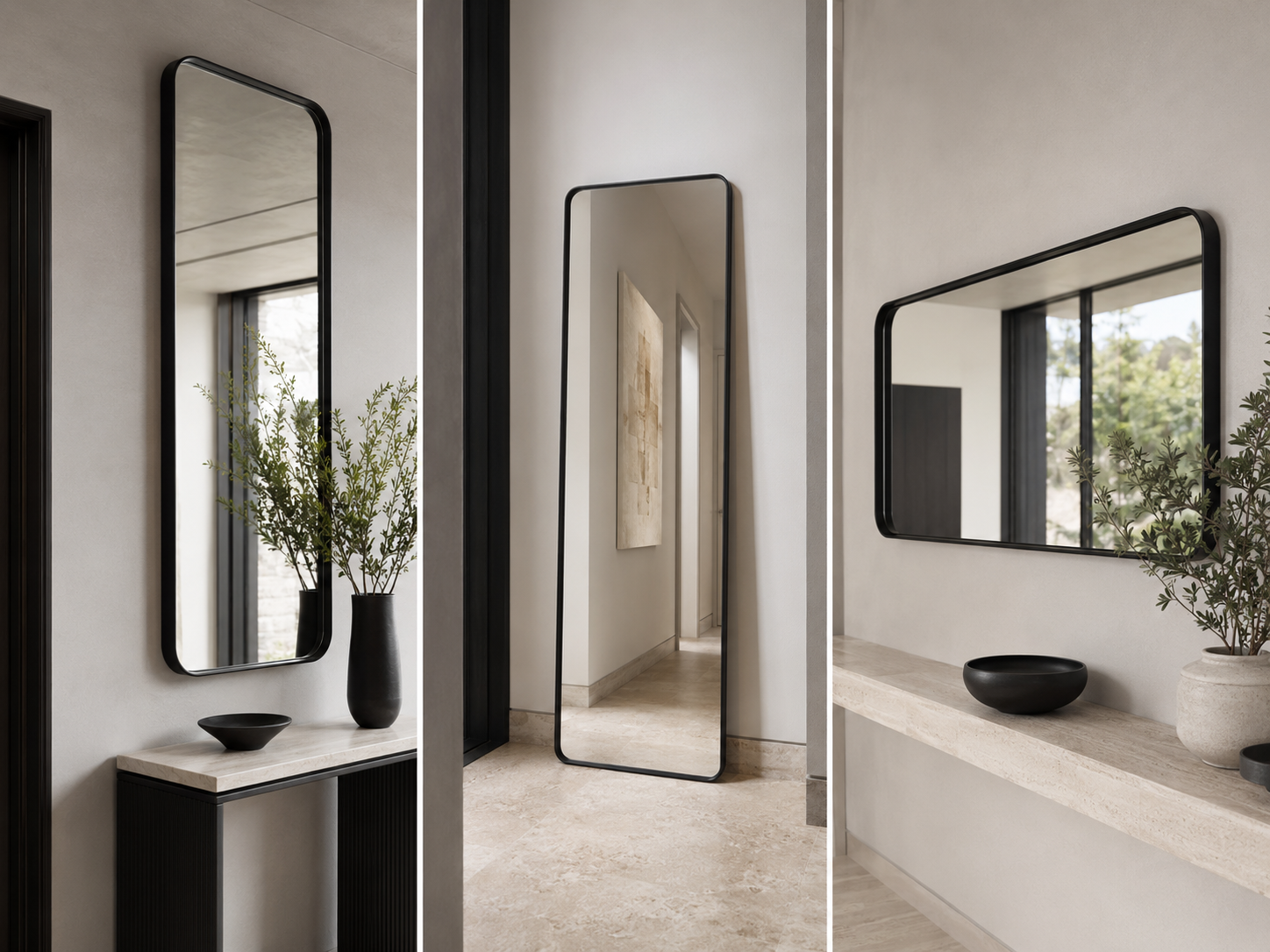Full-length and wall mirrors placed above a console and entryway shelf