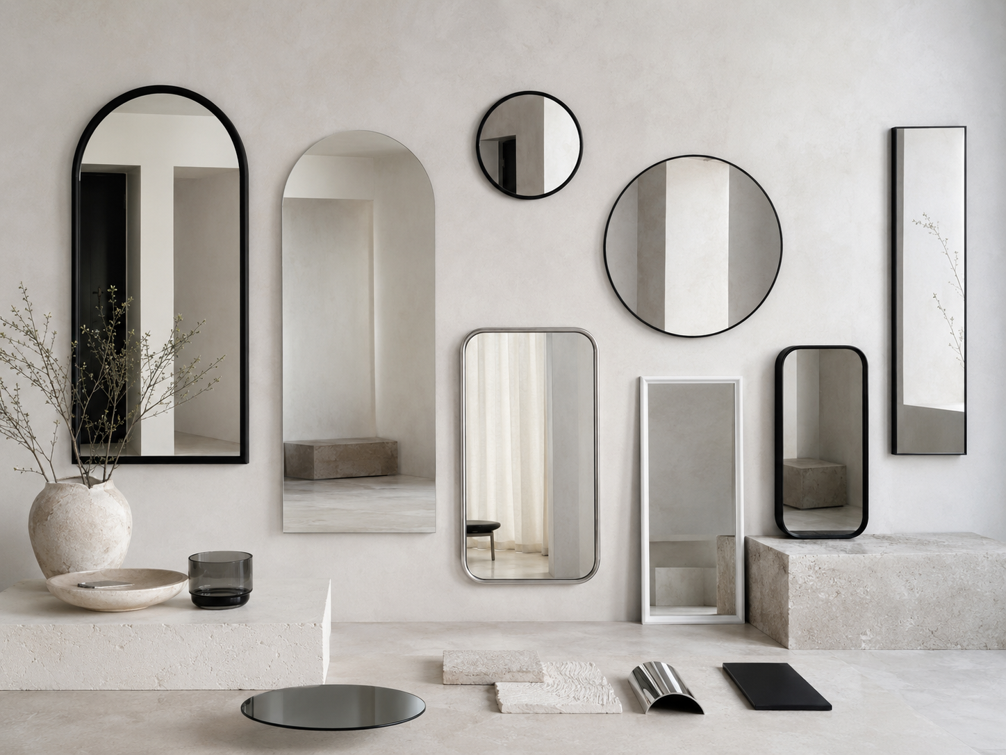 Modern entryway mirror shape and finish moodboard with black, white and silver frames