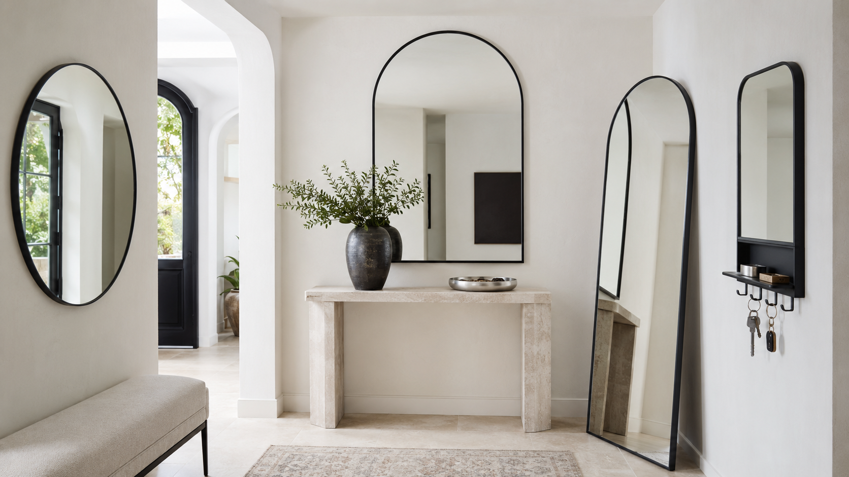Entryway mirrors product board with black arched, round, full-length and shelf mirrors