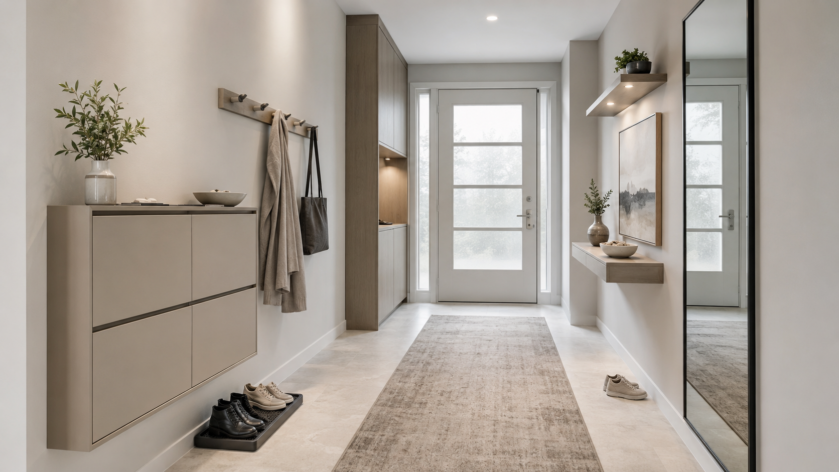 Entryway problem-solving layout with shoe storage, wall hooks, mirror, runner, lighting and floating furniture