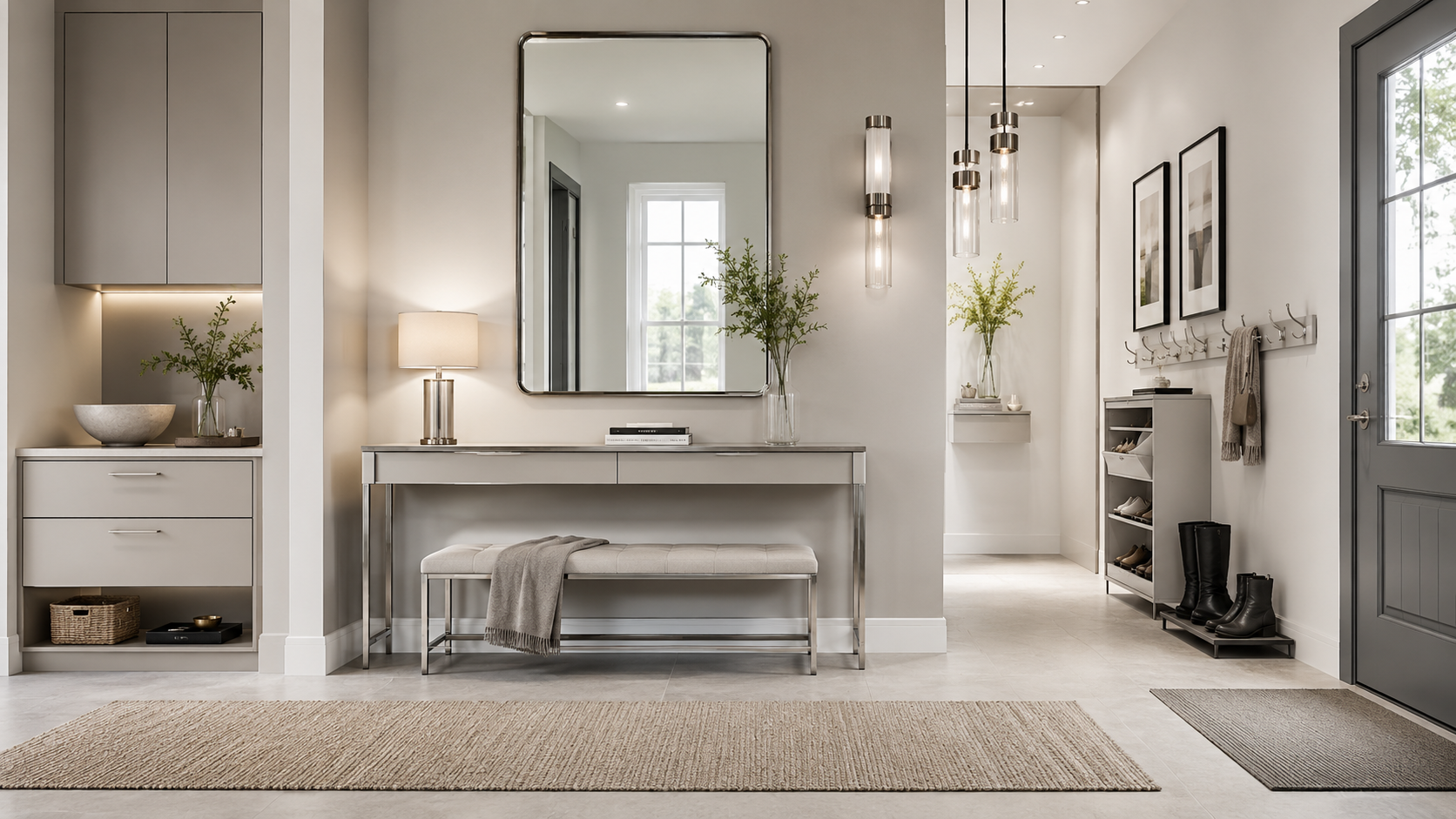 Organized entryway product map showing furniture, storage, mirrors, lighting, rugs, wall hooks and shoe organization