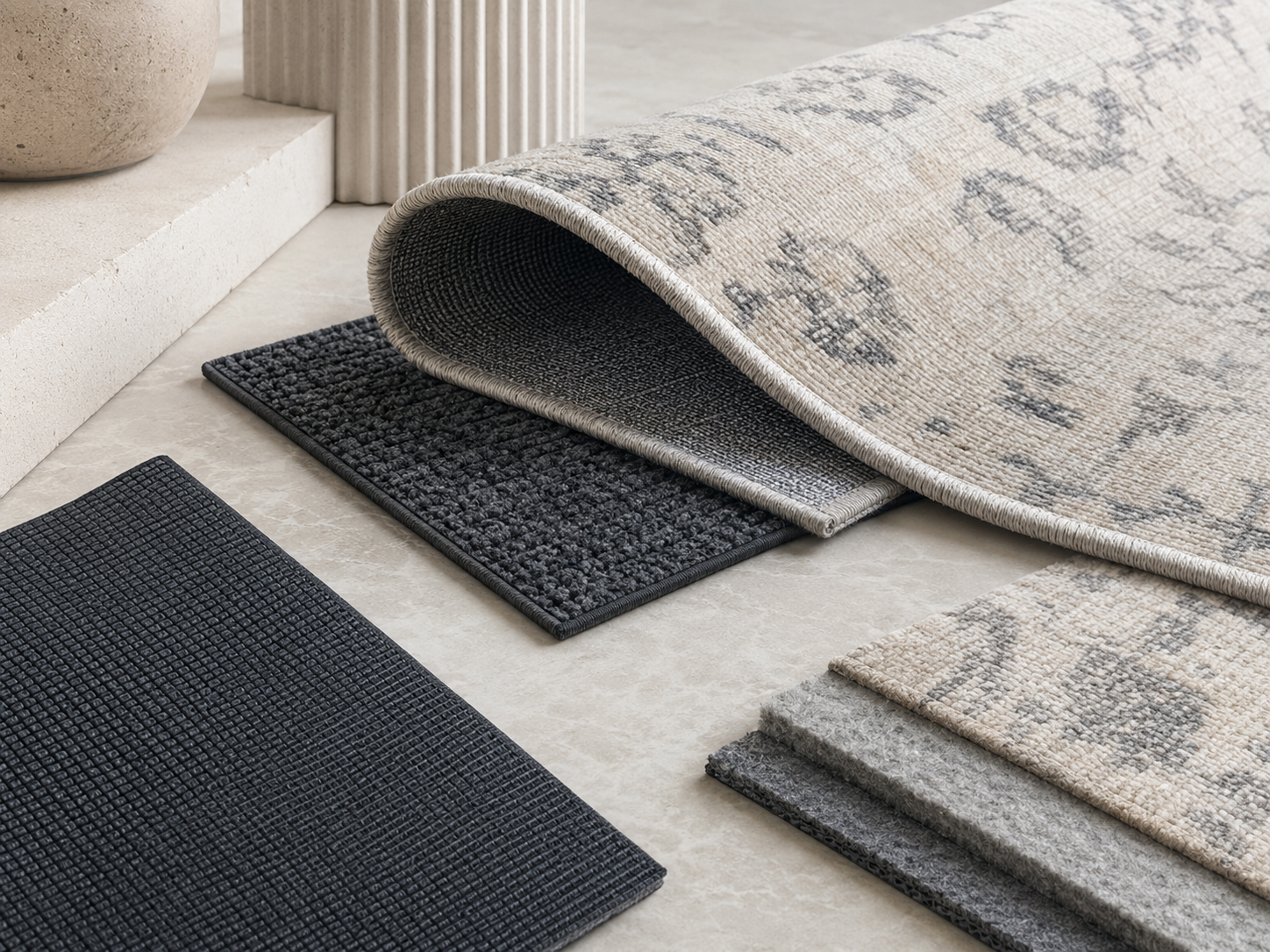 Close-up of low-pile entryway rug texture, rubber backing and felt rug pad