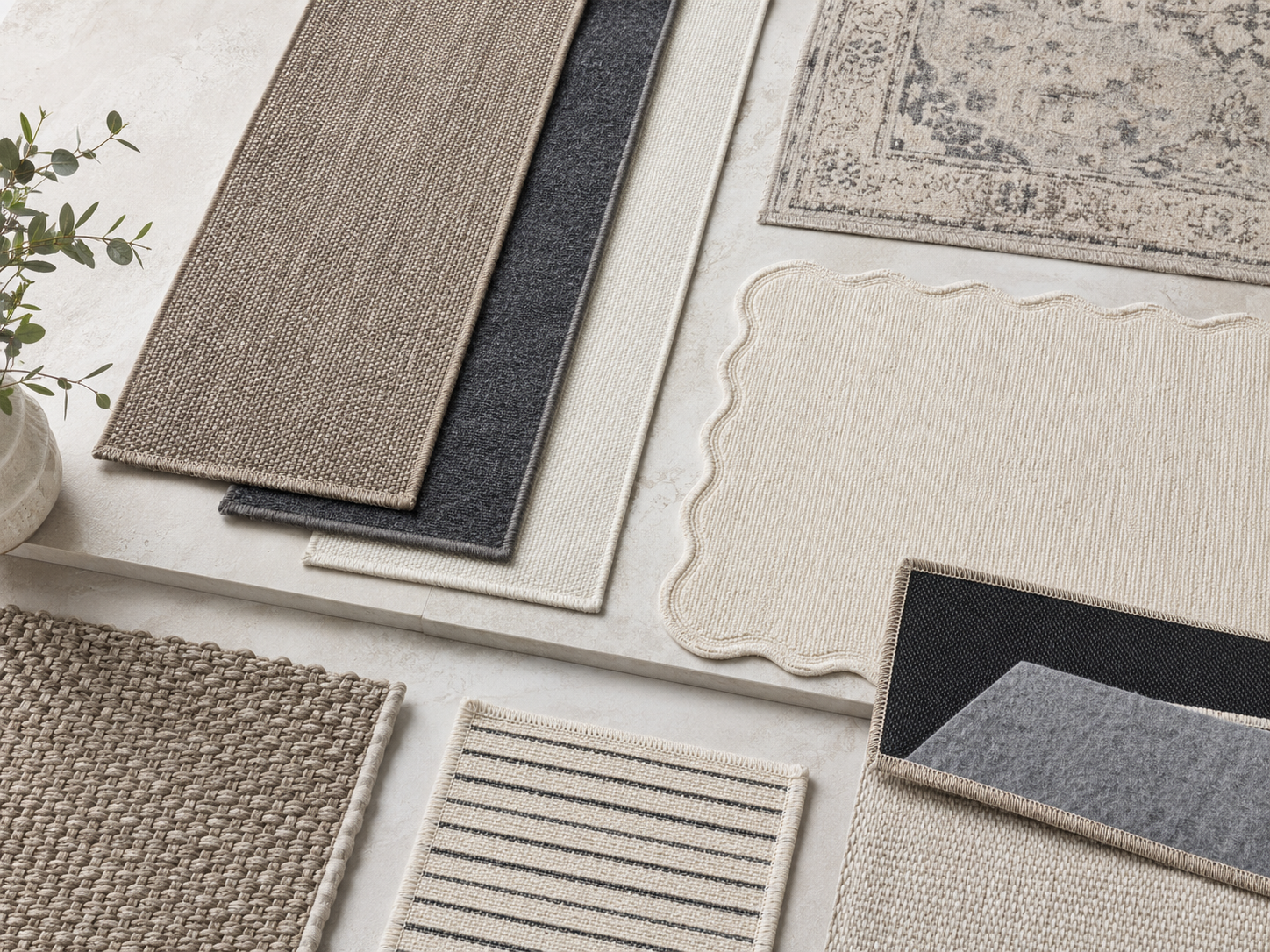 Neutral entryway rug moodboard with woven, patterned, scalloped and striped rug textures