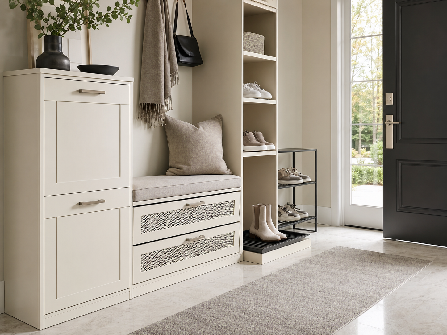 Organized entryway with a slim shoe cabinet, ventilated drawers, storage bench, open rack and boot tray