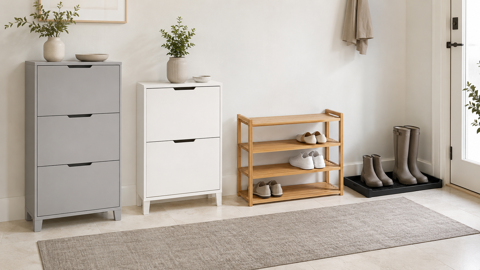 Entryway shoe organization product board with slim shoe cabinets, bamboo shoe bench and boot tray