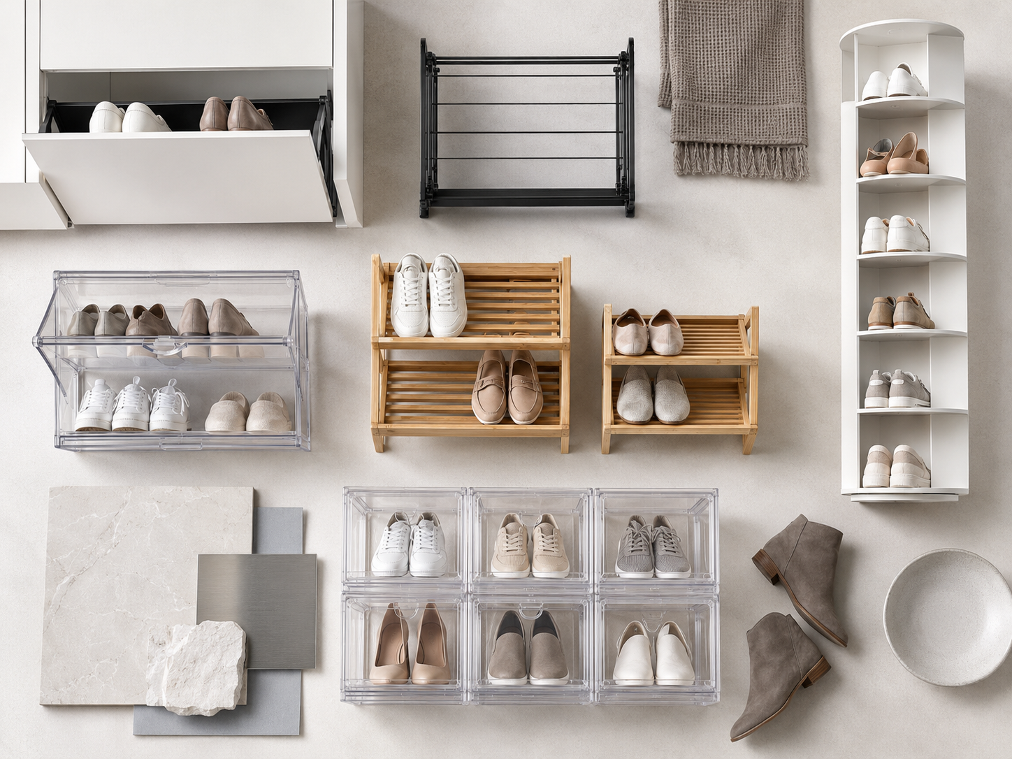 Entryway shoe organization storage style moodboard with shoe cabinets, racks, vertical towers and clear shoe boxes