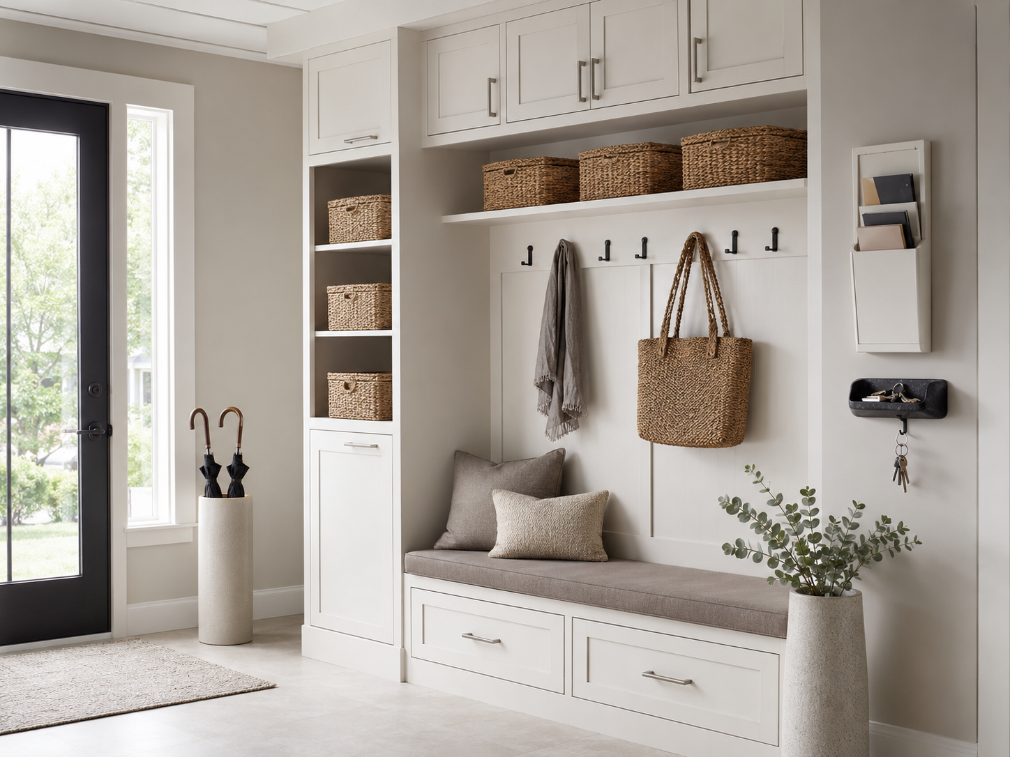 Organized entryway storage with cabinets, drawers, baskets, wall hooks, key holder and umbrella stand