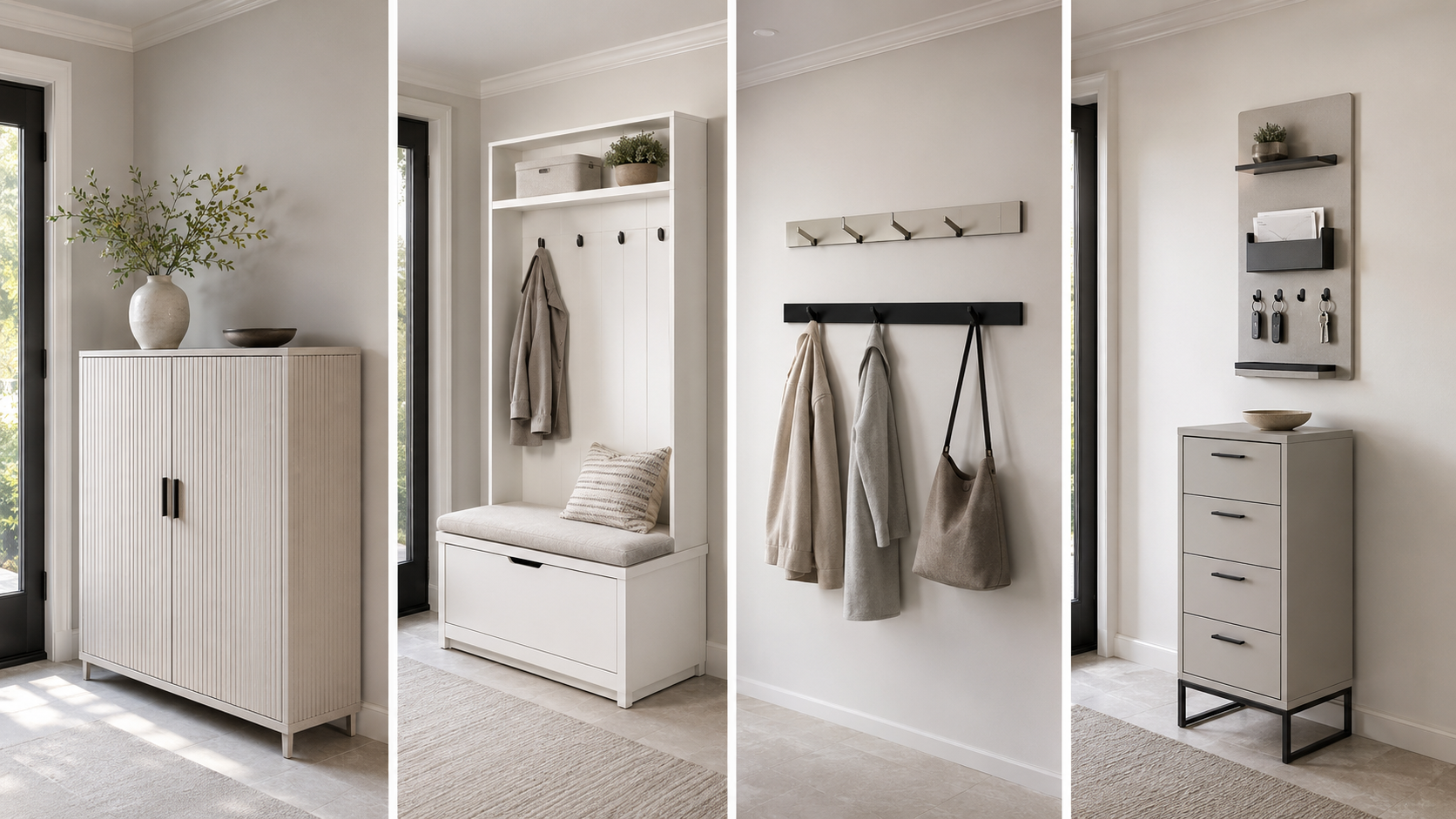 Four entryway storage solutions featuring a cabinet, hall tree, wall hooks and key organizer with drawer tower