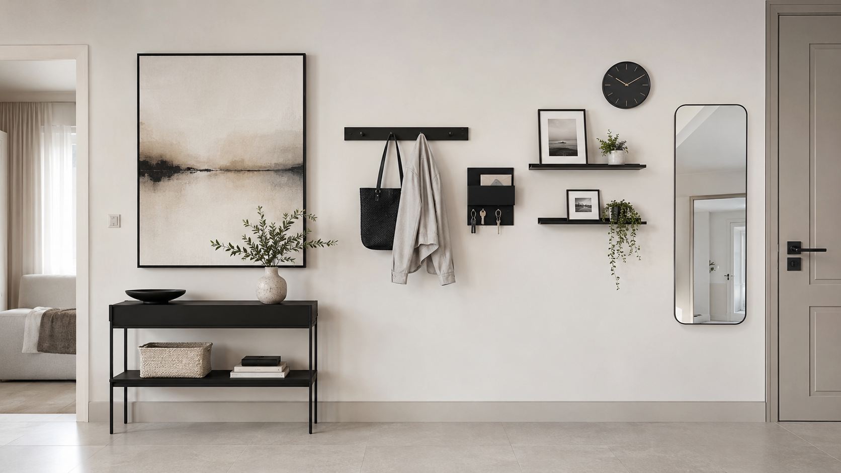 Modern entryway wall with art, hooks, organizer, shelves, clock and mirror creating a practical finished arrival zone.
