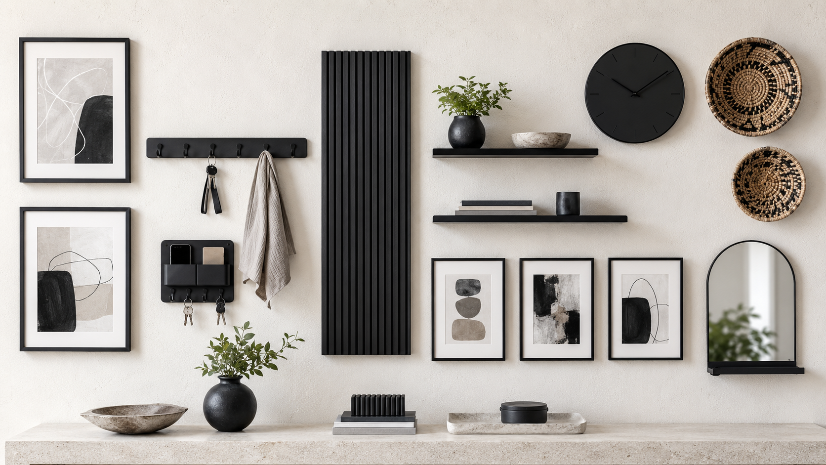 Modern entryway wall decor board with abstract art, black hook rail, shelves, wall clock, frames and baskets.