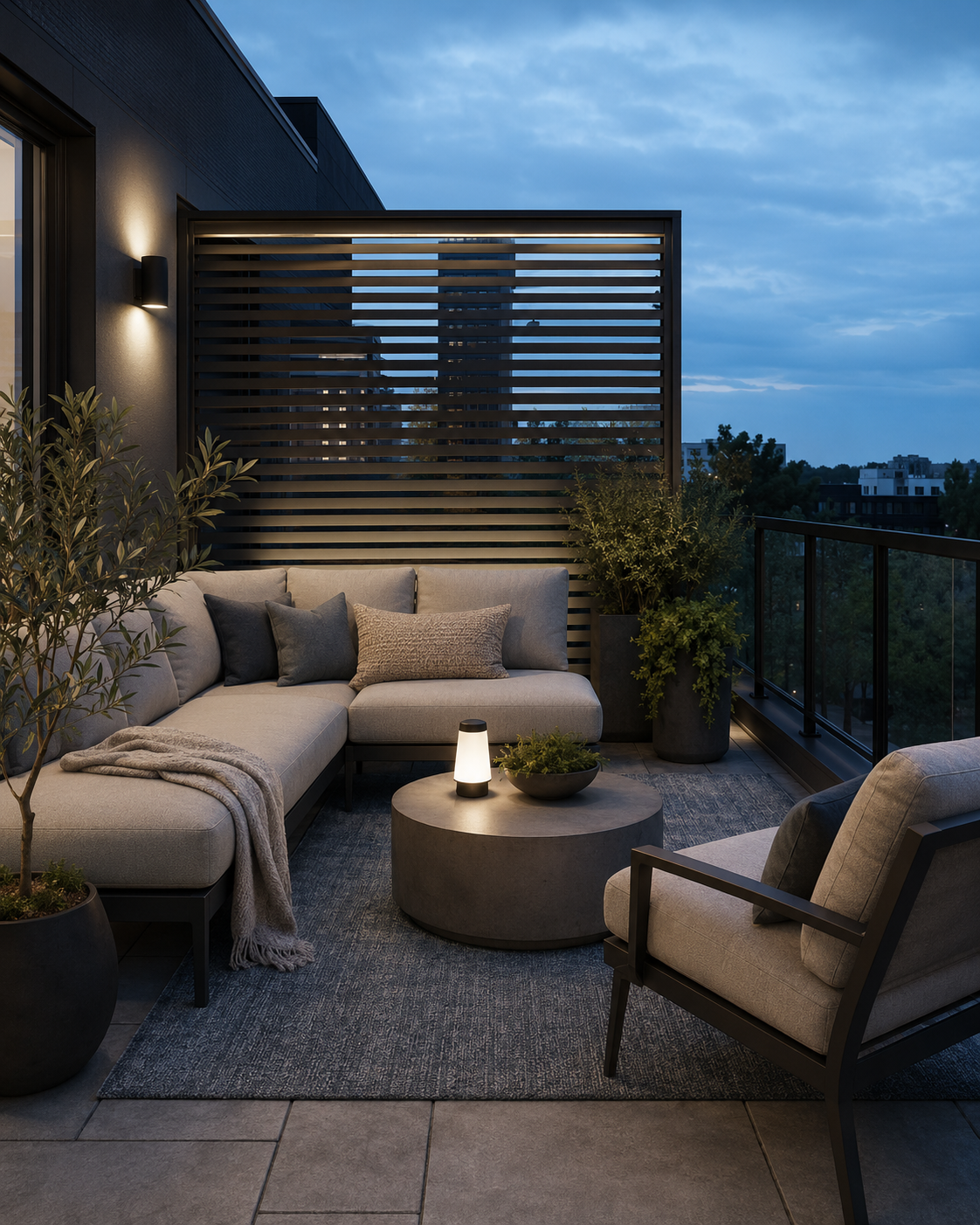 Evening balcony lounge with charcoal furniture, neutral upholstery, blue rug, privacy screen and soft lighting