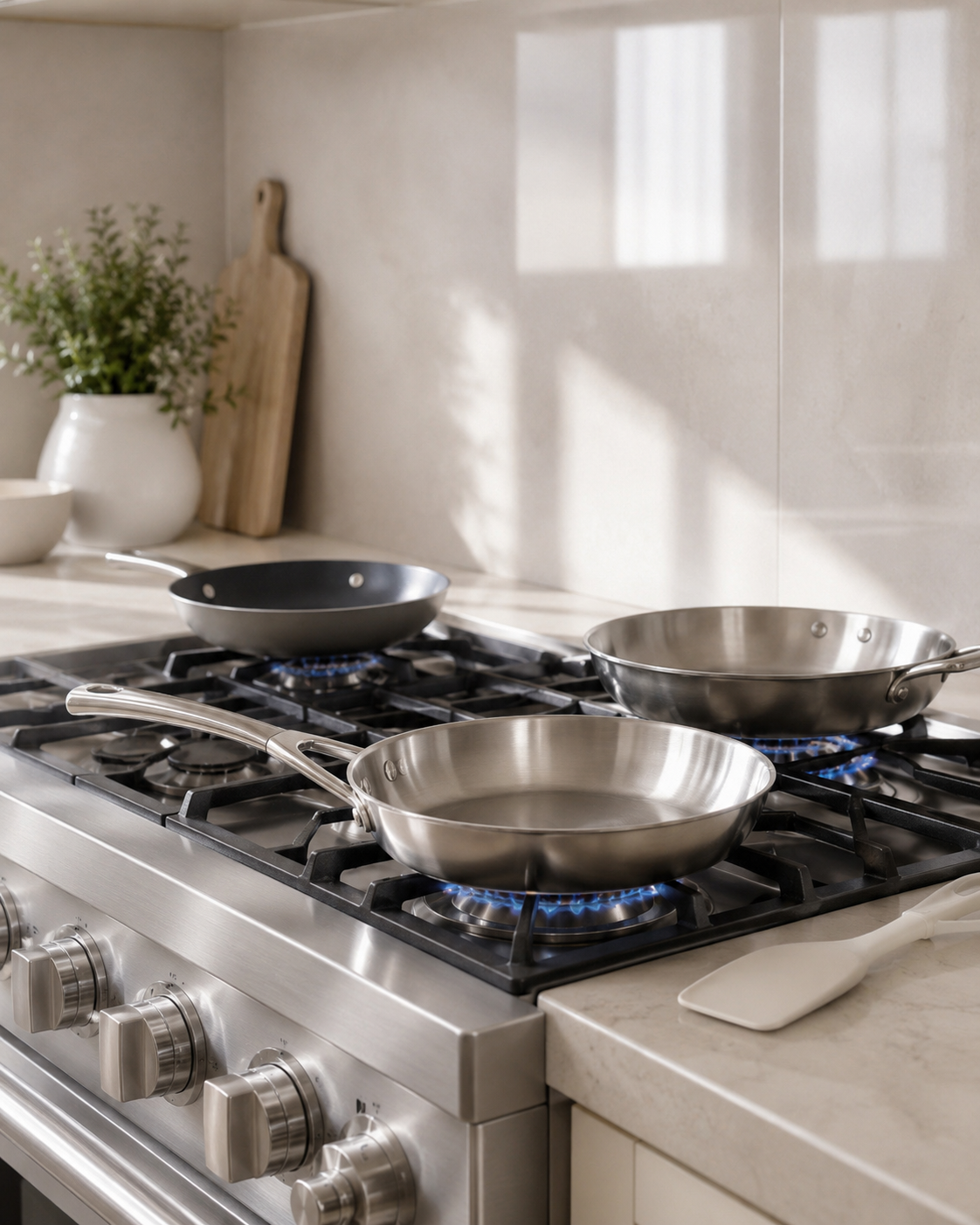 Everyday sear station with stainless frying pan, nonstick skillet, silicone spatula and premium neutral kitchen styling.